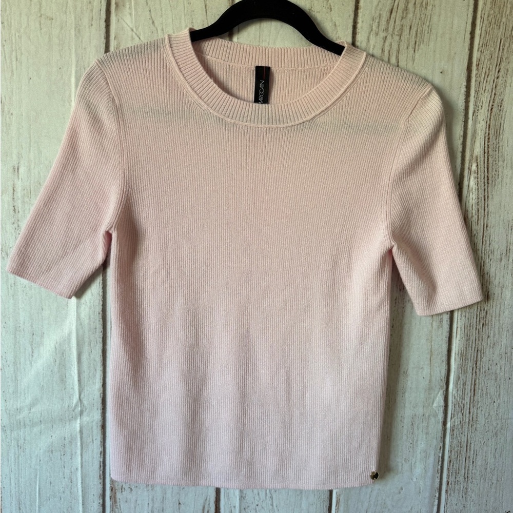 Marc Cain Pink Ribbed Short Sleeve Wool Blend Metallic Knit
Top